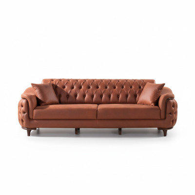 Orange Chesterfield Couch Trois Canapé Place Velours Bois Coussin d'assise