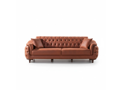 Orange Chesterfield Couch Trois Canapé Place Velours Bois Coussin d'assise