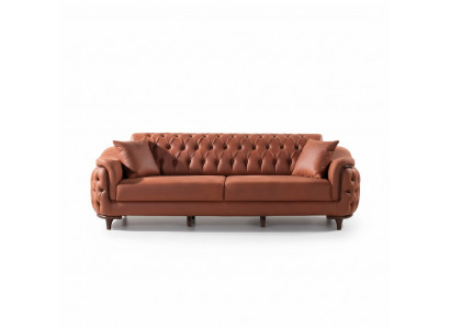 Orange Chesterfield Couch Trois Canapé Place Velours Bois Coussin d'assise