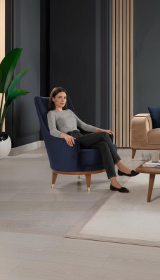 Fauteuil moderne pour salon 1 place, design, couleur bleue, bois