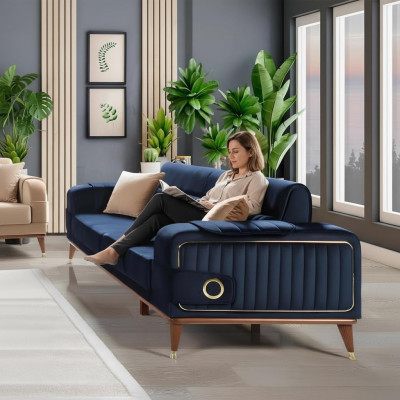 Canapé design trois places en velours textile pour meubles de luxe de couleur bleu.