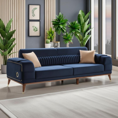Canapé design trois places en velours textile pour meubles de luxe de couleur bleu.
