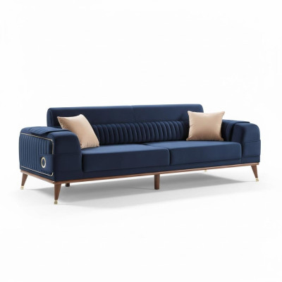 Canapé design trois places en velours textile pour meubles de luxe de couleur bleu.