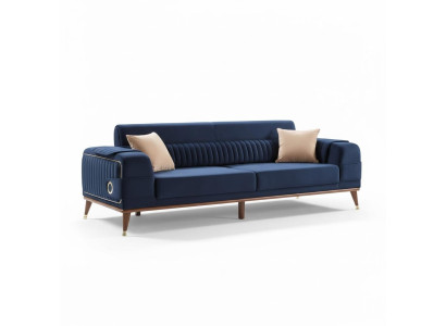 Canapé design trois places en velours textile pour meubles de luxe de couleur bleu.