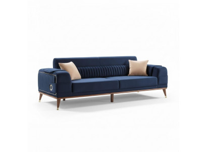 Canapé design trois places en velours textile pour meubles de luxe de couleur bleu.
