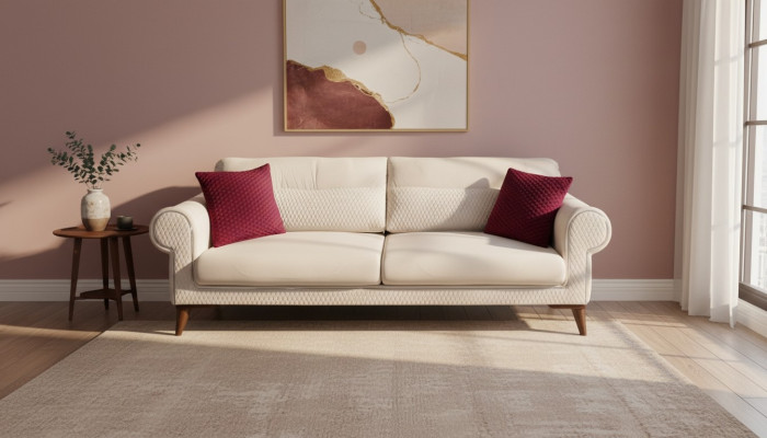 Canapé 3 places en tissu beige grand canapé rembourré en bois de designer nouveau
