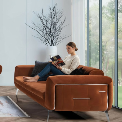 Canapé design orange en velours trois places en tissu de luxe