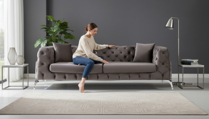 Canapé Chesterfield gris 3 places Canapés salon Tissu revêtement