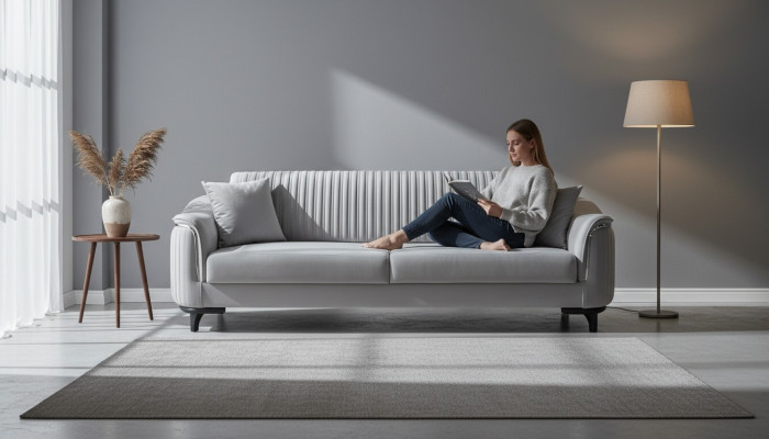 Canapé gris Salon Trois places Coussin de siège Canapé en velours en bois