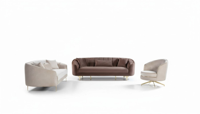 Luxueux ensemble de canapés de salon marron beige composé de 3+3+1 places.