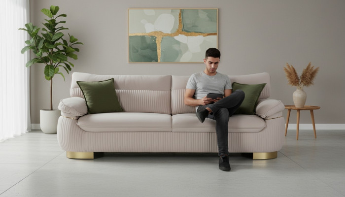 Canapé trois places Canapé 3 places Canapé en tissu Canapé Mobilier moderne en velours beige doux