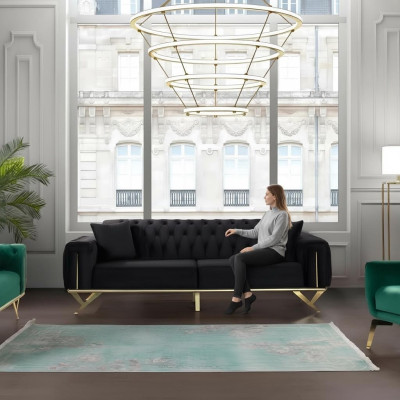 Canapé Chesterfield noir Trois places Canapé à coussin en velours en bois