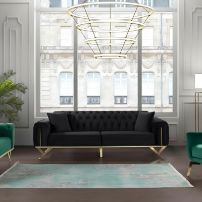 Canapé Chesterfield noir Trois places Canapé à coussin en velours en bois