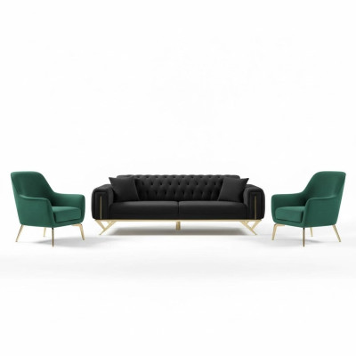 Canapé Chesterfield noir Trois places Canapé à coussin en velours en bois