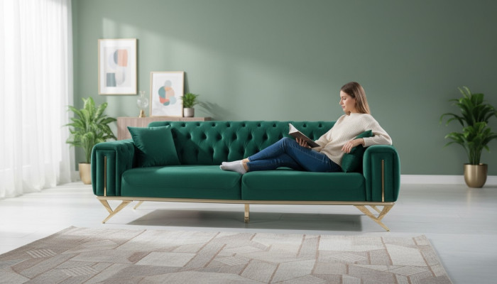 Canapé Chesterfield vert Trois places Coussin de siège Canapé en velours en bois