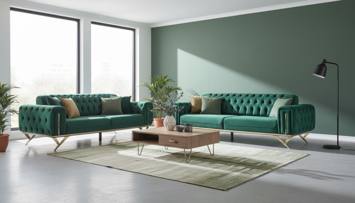 Canapé Chesterfield vert Trois places Coussin de siège Canapé en velours en bois
