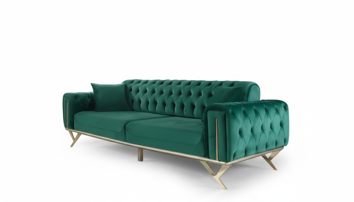 Canapé Chesterfield vert Trois places Coussin de siège Canapé en velours en bois