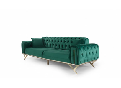 Canapé Chesterfield vert Trois places Coussin de siège Canapé en velours en bois