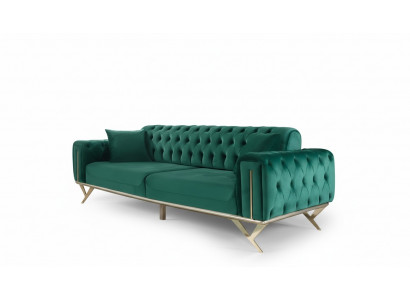 Canapé Chesterfield vert Trois places Coussin de siège Canapé en velours en bois