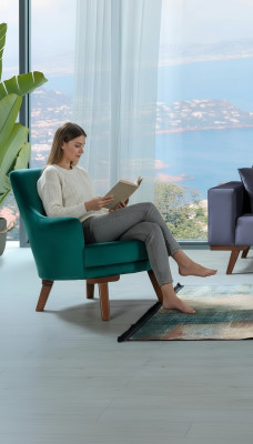 Fauteuil de salon 1 place en tissu polyester de style moderne, de couleur verte.