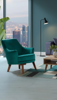 Fauteuil de salon 1 place en tissu polyester de style moderne, de couleur verte.