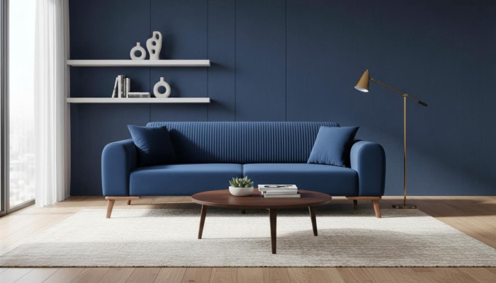 Élégant canapé trois places bleu pour le salon avec revêtement en velours.