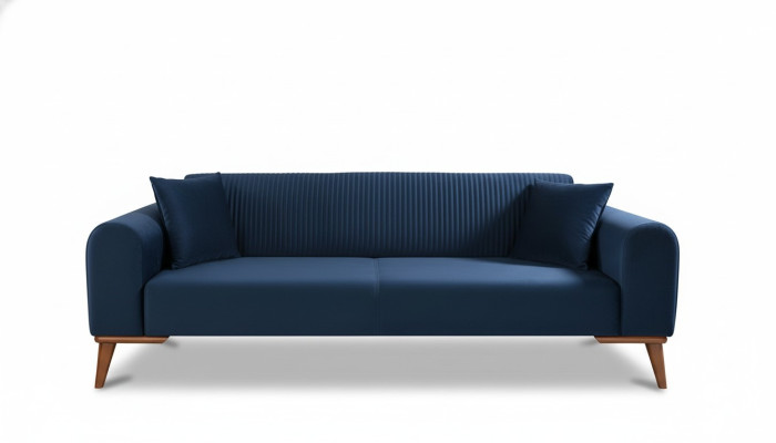 Élégant canapé trois places bleu pour le salon avec revêtement en velours.