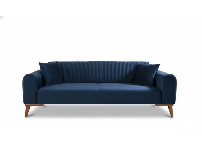 Élégant canapé trois places bleu pour le salon avec revêtement en velours.