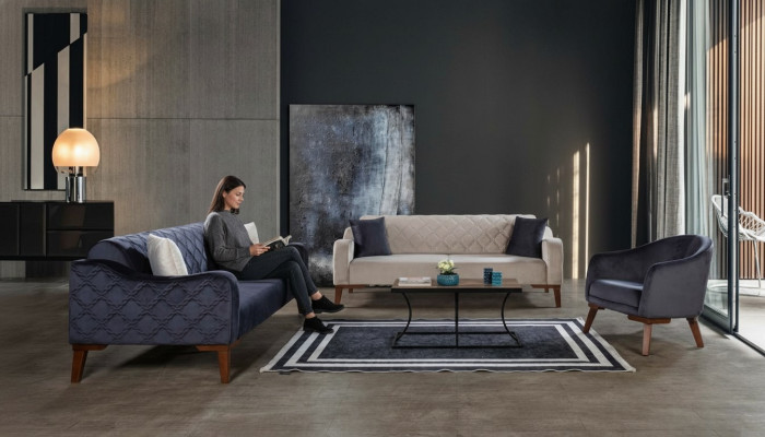 Salle de séjour Ensemble de canapés Canapé 3+3+1 Bleu e Tapisserie Ensemble Fauteuil Textile