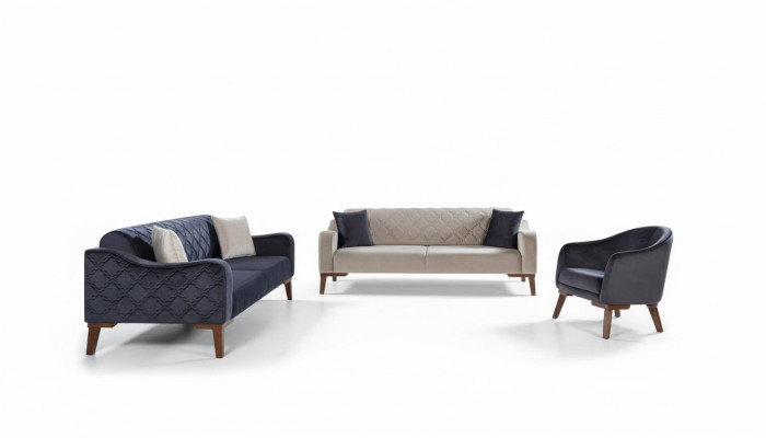 Salle de séjour Ensemble de canapés Canapé 3+3+1 Bleu e Tapisserie Ensemble Fauteuil Textile