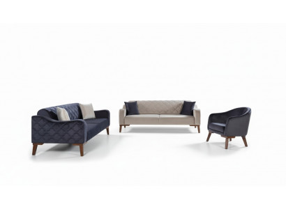 Salle de séjour Ensemble de canapés Canapé 3+3+1 Bleu e Tapisserie Ensemble Fauteuil Textile