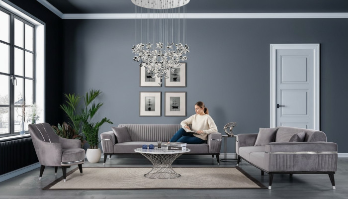 Ensemble de canapés 3+3+1 fauteuil canapés en tissu en bois gris