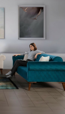 Canapé trois places turquoise, canapé élégant, salon, mobilier de salon, velours