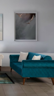 Canapé trois places turquoise, canapé élégant, salon, mobilier de salon, velours