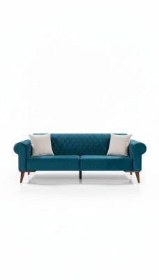 Canapé trois places turquoise, canapé élégant, salon, mobilier de salon, velours