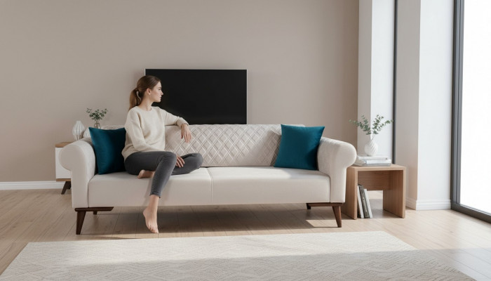 Canapé trois places beige, canapé élégant, mobilier de salon, velours