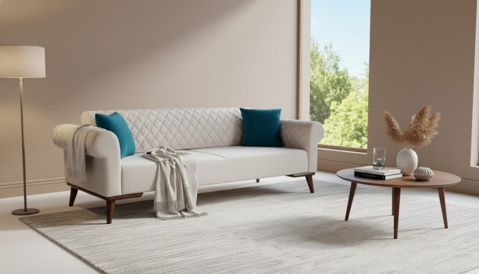 Canapé trois places beige, canapé élégant, mobilier de salon, velours