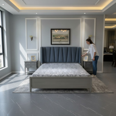 Conception de rembourrage de lit moderne Lit double de luxe pour hôtel Mobilier de lit en bois pour mariage en gris