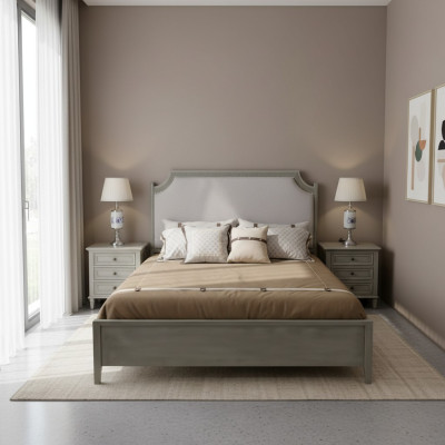 Lit double premium au design classique en gris avec intérieur en cuir blanc.