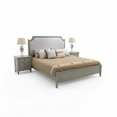 Lit double premium au design classique en gris avec intérieur en cuir blanc.