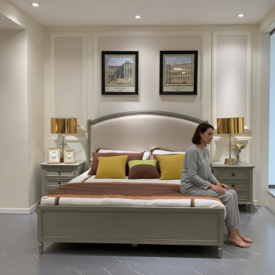 Lit double premium de style classique en gris avec intérieur en cuir beige.