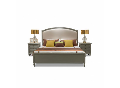 Lit double premium de style classique en gris avec intérieur en cuir beige.