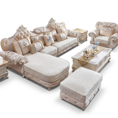 Canapé d'angle en L Fauteuil Tabouret Canapé en bois avec textile Baroque Rococo
