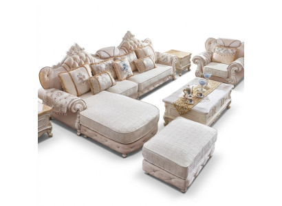 Canapé d'angle en L Fauteuil Tabouret Canapé en bois avec textile Baroque Rococo