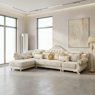 Canapé d'angle classique en blanc avec des éléments en bois fabriqués à la main