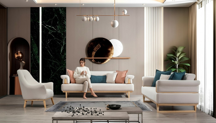 Ensemble de canapés modernes 3+3+1 places avec fauteuil en bois et tissu