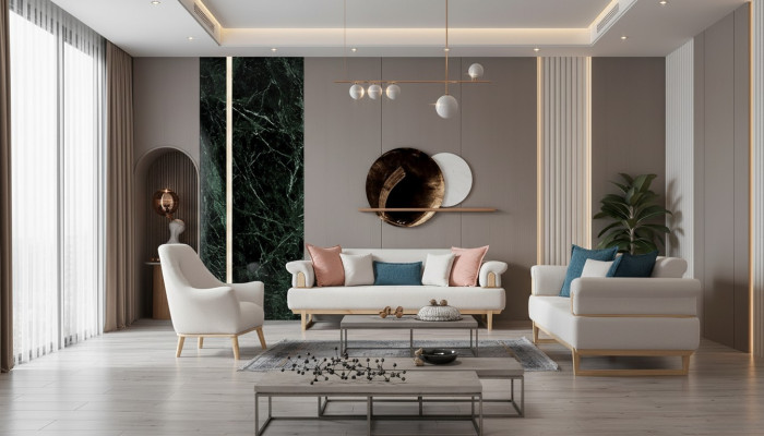 Ensemble de canapés modernes 3+3+1 places avec fauteuil en bois et tissu