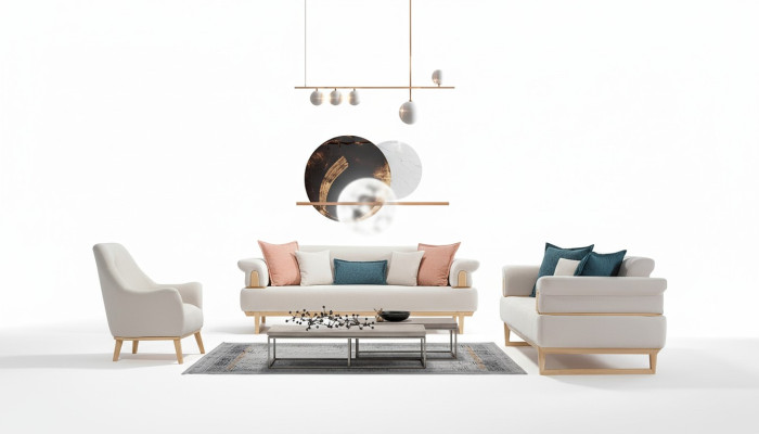 Ensemble de canapés modernes 3+3+1 places avec fauteuil en bois et tissu