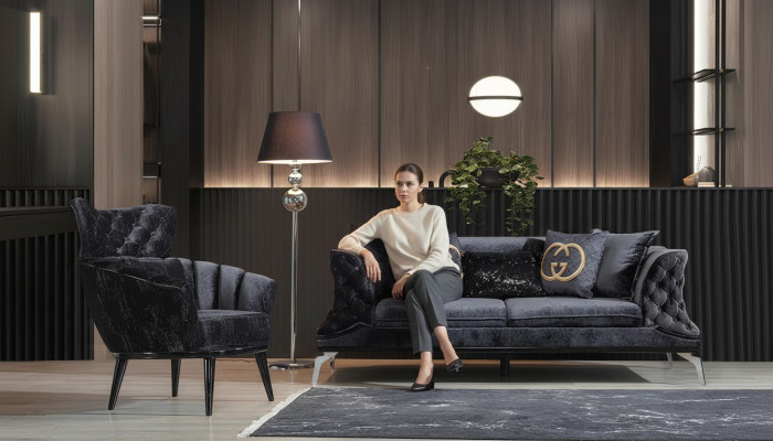 Canapé noir Chesterfield 3+1 places pour salon