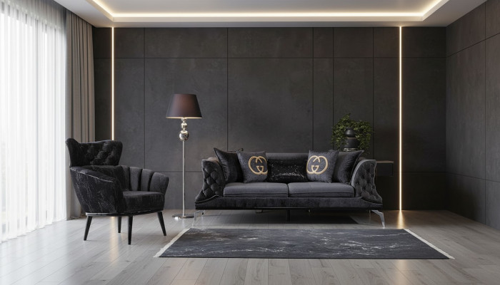 Canapé noir Chesterfield 3+1 places pour salon